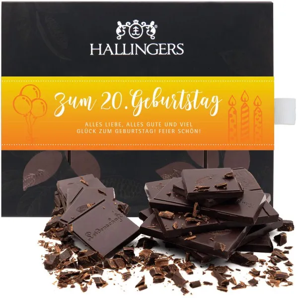 Zum 20. Geburtstag (Tafel-Karton) - Vegane Schokolade Zartbitter-Edelkakao 85% pur - handmade (90g)