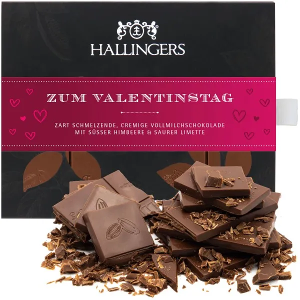 Zum Valentinstag - pink (Tafel-Karton) - Vollmilch Edel-Schokolade mit Himbeere & Limette - handmade, alkoholfrei (90g)