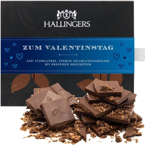 Zum Valentinstag - blue (Tafel-Karton) - Vollmilch Edel-Schokolade mit Haselnuss-Nougat - handmade, alkoholfrei (90g)