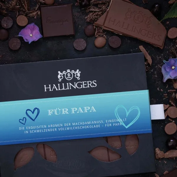 Für Papa (Tafel-Karton) - Vollmilch Edel-Schokolade mit Macadamia-Nougat, handmade (90g)