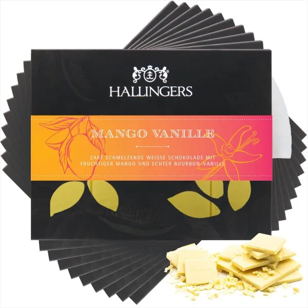 10x Mango-Vanille (Tafel-Karton) - Weiße Edel-Schokolade mit Mango & Vanille - handmade (900g)