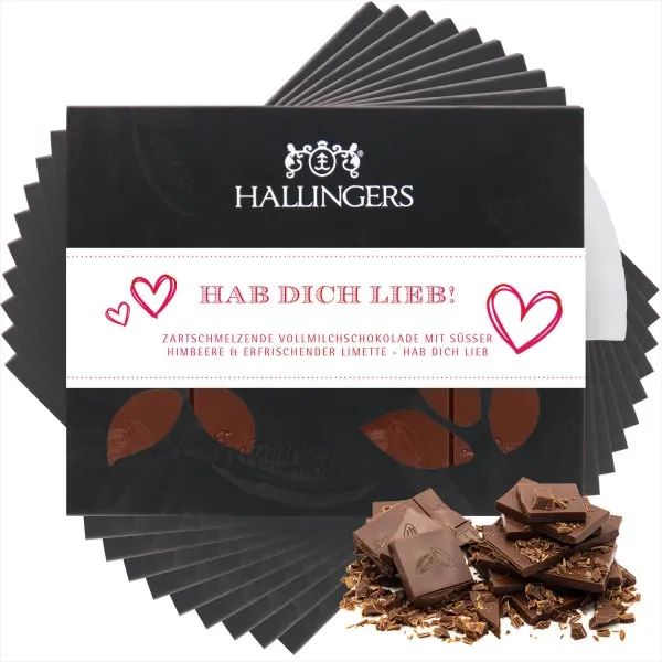 10x Hab Dich lieb (Tafel-Karton) - Vollmilch Edel-Schokolade mit Himbeere & Limette, handmade (900g)