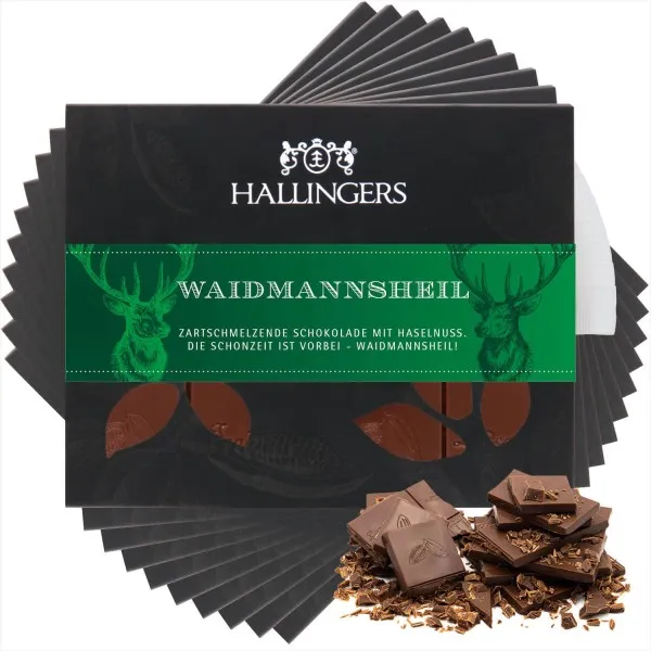 10x Waidmannsheil (Tafel-Karton) - Vollmilch Edel-Schokolade mit Haselnuss-Nougat, handmade (900g)