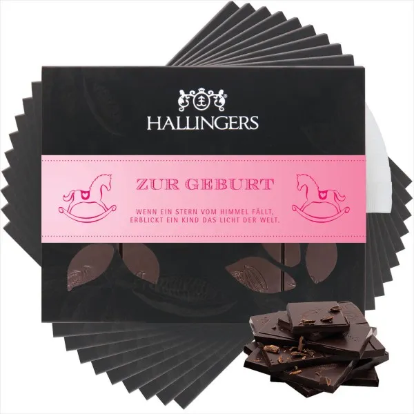 10x Zur Geburt (Tafel-Karton) - Zartbitter Edel-Schokolade mit Bourbon-Vanille, handmade (900g)