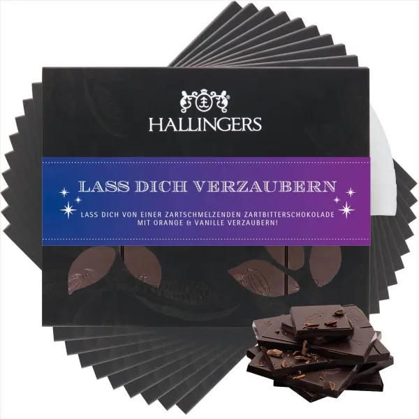 10x Lass Dich verzaubern (Tafel-Karton) - Vegane Schokolade Zartbitter-Edelkakao Vanille & Orange, handmade (900g)