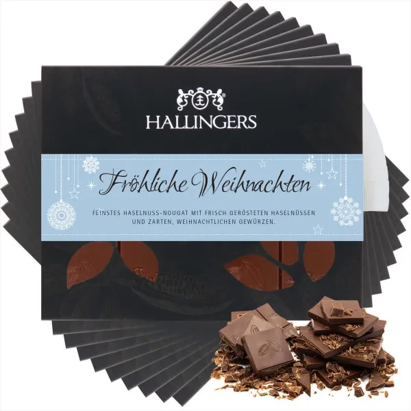 10x Fröhliche Weihnachten (Tafel-Karton) - Vollmilch Edel-Schokolade mit Haselnuss-Nougat, handmade (900g)