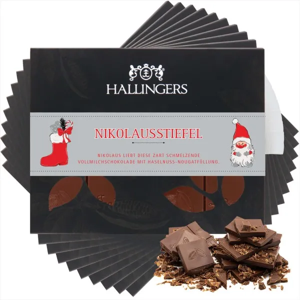 10x Nikolausstiefel (Tafel-Karton) - Vollmilch Edel-Schokolade mit Haselnuss-Nougat, handmade (900g)