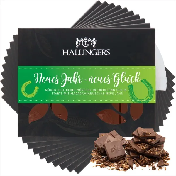 10x Neues Jahr - Neues Glück (Tafel-Karton) - Vollmilch Edel-Schokolade mit Macadamia-Nougat, handmade (900g)