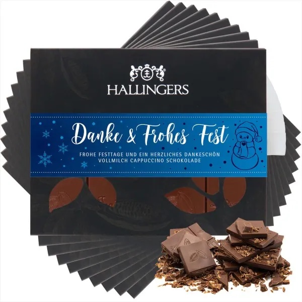 10x Danke & Frohes Fest (Tafel-Karton) - Vollmilch Edel-Schokolade mit Cappuccino, handmade (900g)