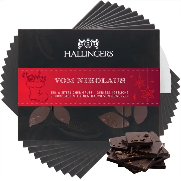 10x Vom Nikolaus (Tafel-Karton) - Vegane Schokolade Zartbitter-Edelkakao Weihnachts-Gewürze, handmade (900g)