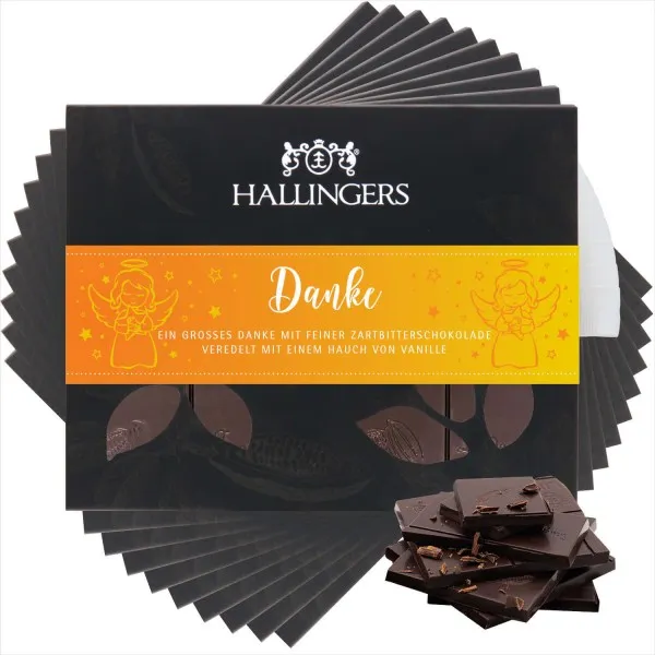 10x Danke (Tafel-Karton) - Zartbitter Edel-Schokolade mit Bourbon-Vanille, handmade (900g)