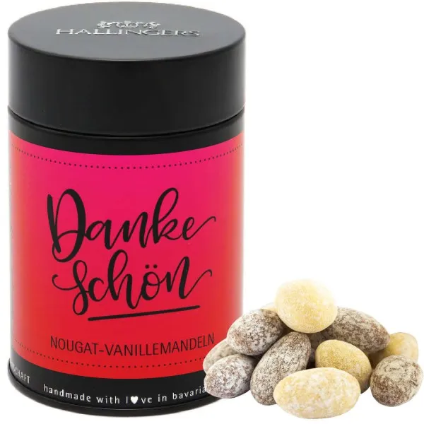 Nougat-schokolierte Vanille-Mandeln handgemacht (150g) - Dankeschön (Premiumdose)