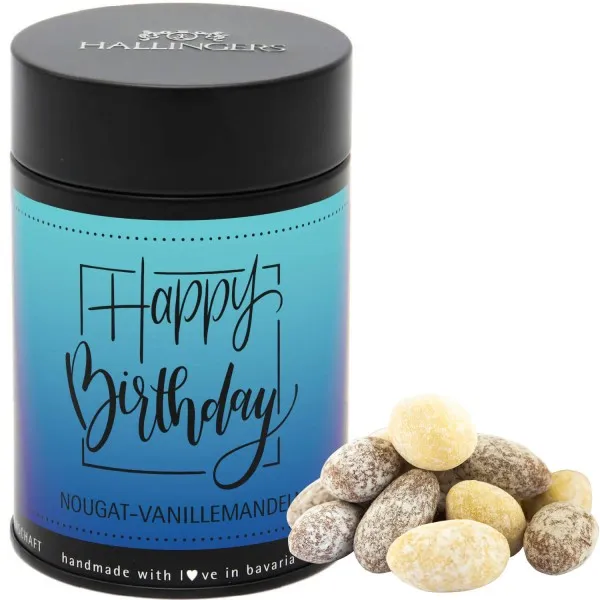 Happy Birthday (Premiumdose) - Nougat-schokolierte Vanille-Mandeln handgemacht (150g)
