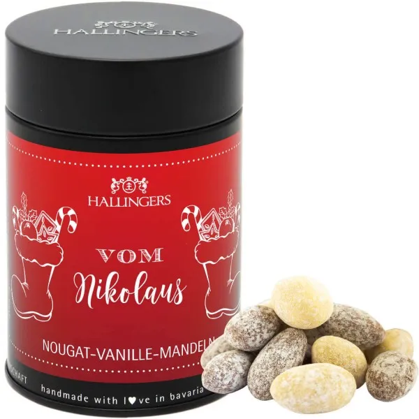 Vom Nikolaus (Premiumdose) - Nougat-schokolierte Vanille-Mandeln handgemacht (150g)