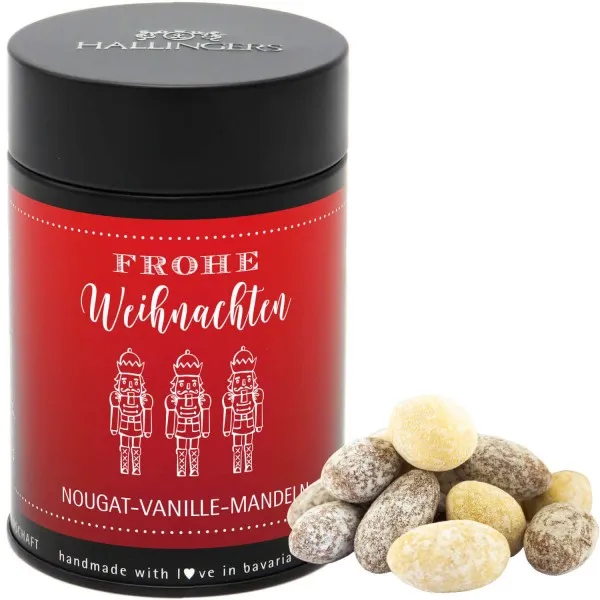 Frohe Weihnachten (Premiumdose) - Nougat-schokolierte Vanille-Mandeln handgemacht (150g)