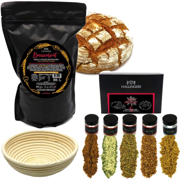 Natürliche Brotbackmischung Komplett-Set (1200g) - Komplett-Set Bauernbrotmix, Gewürze und Gärkorb (Bundle)