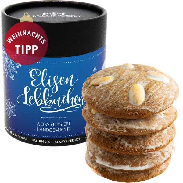 Weiß Glasiert (Naschdose) - 5 saftige Elisen-Lebkuchen hoher Kernanteil handgemacht in edler Papierdose (400g)