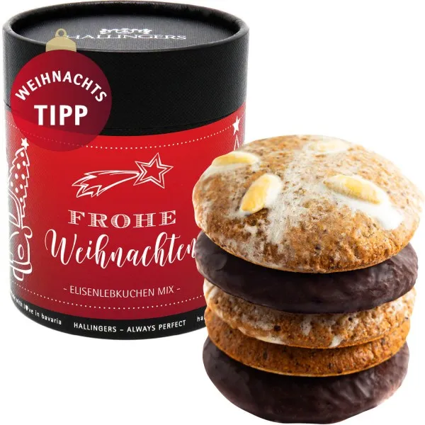 Frohe Weihnachten (Naschdose) - 5 saftige Elisen-Lebkuchen hoher Kernanteil handgemacht in edler Papierdose zu Weihnachten (400g)