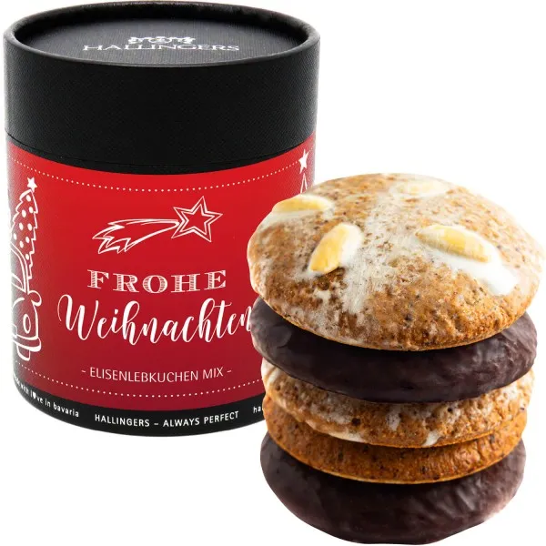 Frohe Weihnachten (Naschdose) - 5 saftige Elisen-Lebkuchen hoher Kernanteil handgemacht in edler Papierdose zu Weihnachten (400g)