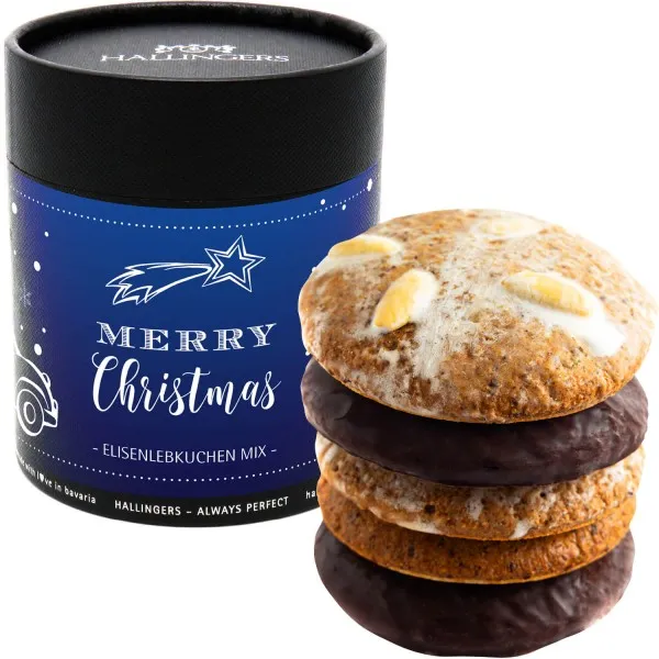 Merry Christmas (Naschdose) - 5 saftige Elisen-Lebkuchen hoher Kernanteil handgemacht in edler Papierdose zu Weihnachten (400g)