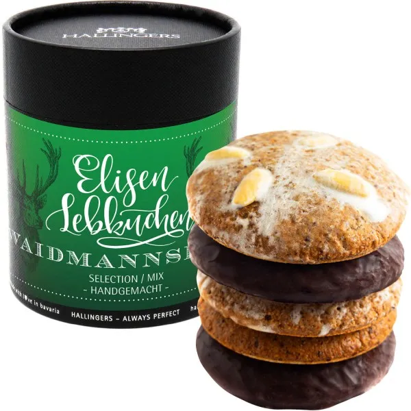 Waidmannsheil (Naschdose) - 5 saftige Elisen-Lebkuchen hoher Kernanteil handgemacht in Papierdose für Jäger und Jagdfreunde (400g)