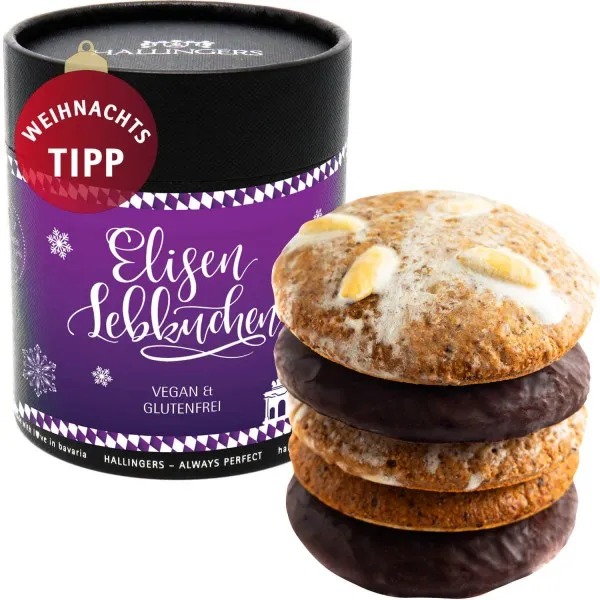 Vegan & glutenfrei, Edition Bavaria (Naschdose) - 5 vegane Elisen-Lebkuchen hoher Kernanteil handgemacht in edler Papierdose (400g)