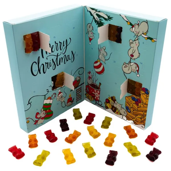 Gummibärchen Adventskalender handmade, mit Fruchtsaftbärchen (500g) - Weihnachtsmäuse (Buch-Karton)