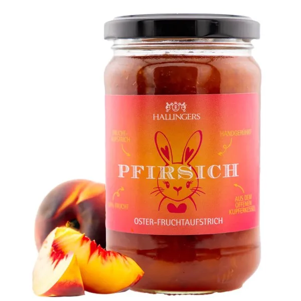 Oster Fruchtaufstrich Pfirsich (Genussglas) - Ostergeschenke für Osterkörbchen zu Ostern, Handgerührter Fruchtaufstrich fürs Osterfrühstück (330g)