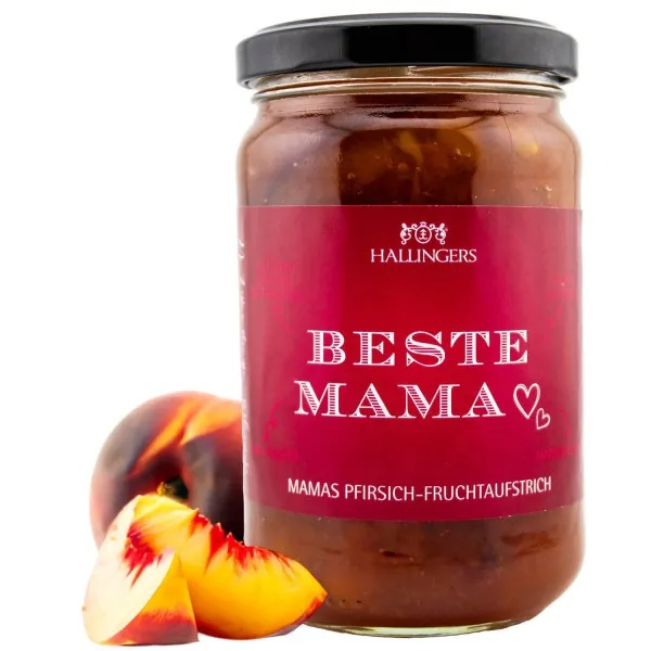 Fruchtaufstrich Pfirsich Beste Mama (Genussglas) - Muttertagsgeschenk & zum Vatertag Handgerührter Fruchtaufstrich fürs Muttertags Frühstück (330g)