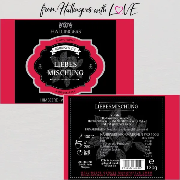 Liebesmischung (Premiumdose) - Loser Roibusch-Tee/Rooibos mit Himbeere & Vanille (120g)