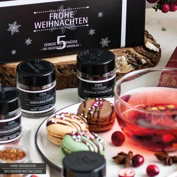 Frohe Weihnachten WHITE (Set) - 5 Sorten Tee Geschenkset mit Box vegan, zu Weihnachten in Schraubgläsern (55g)