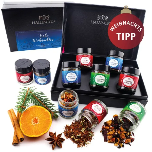 Frohe Weihnachten Blue Christmas (Set) - Weihnachtliche 5 Sorten Tee Geschenkset mit Box vegan, Geschenk zu Weihnachten in Schraubgläsern (55g)