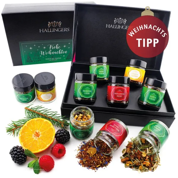 Frohe Weihnachten Green Christmas (Set) - Weihnachtliche 5 Sorten Tee Geschenkset mit Box vegan, Geschenk zu Weihnachten in Schraubgläsern (50g)