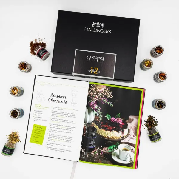 Klassisches Tee-Set & Happiness is handmade (Set) - 12 Sorten Tee Geschenkset & liebevoll gestaltetes Kochbuch, vegan (120g)