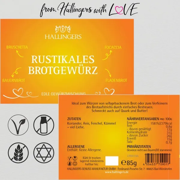 Rustikales Brotgewürz (Aromadose) - Gewürz-Mischung für in oder auf das Brot (85g)