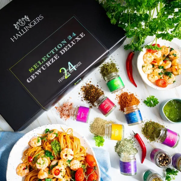 Hallingers Genuss Manufaktur Gewürz Geschenk-Set - 24 Gewürze aus aller Welt in wertiger Geschenkbox mit Rezept-Booklet \