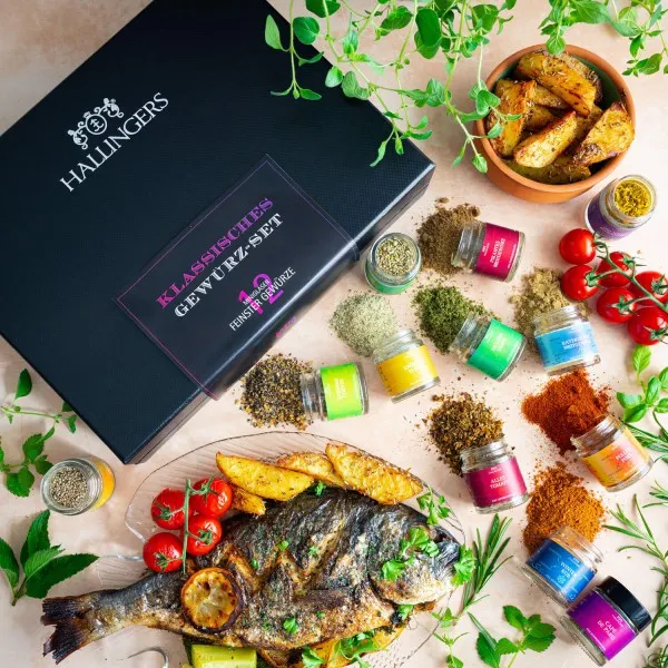 Hallingers Genuss Manufaktur Gewürz Geschenk-Set - 12 Gewürze aus aller Welt in wertiger Geschenkbox mit Rezept-Booklet \