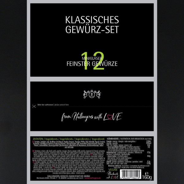 12er Gewürz-Geschenk-Set, Gewürze & Deluxe-Messer & Kochbuch (160g) - Klassisches Gewürz-Set & Deluxe Santoku & Kochbuch (Set)