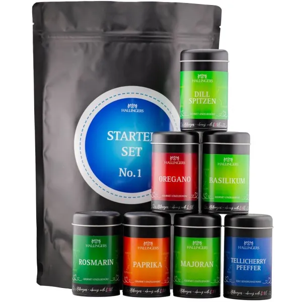 Starter Set No. 1 (Bundle) - Wundertüte XXL Gourmet Gewürze Geschenkset mit 7 Aromadosen - Basisgewürze & Pfeffer für die Küche (309g)