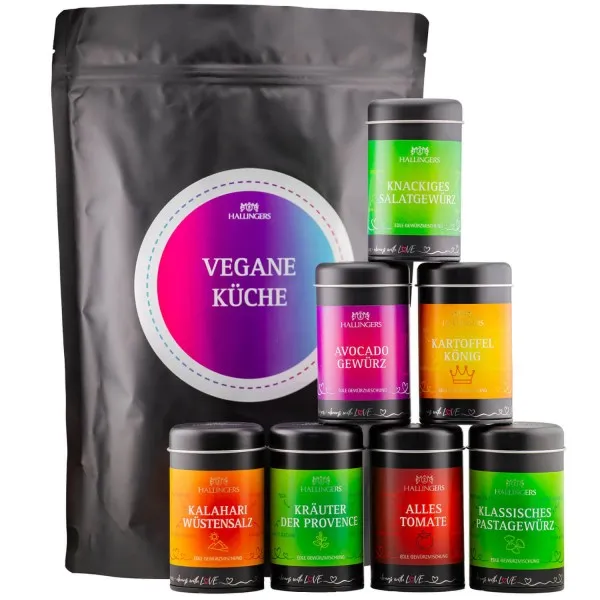 Vegane Küche (Bundle) - Wundertüte XXL Gourmet Gewürze Geschenkset mit 7 Aromadosen - Gewürzmischungen für vegane Gericht (590g)