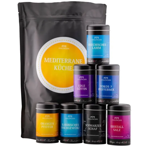 Mediterane Küche (Bundle) - Wundertüte XXL Gourmet Gewürze Geschenkset mit 7 Aromadosen - Gewürzmischungen, Pfeffer & Salz (740g)