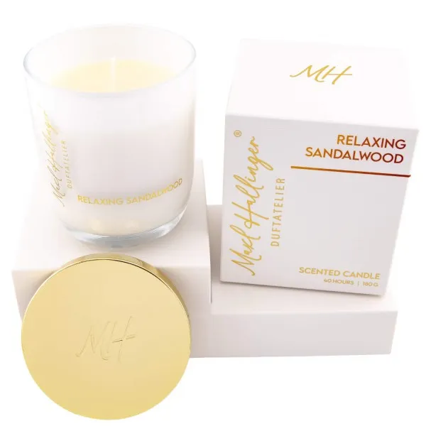 Relaxing Sandalwood (Kerzenglas & Box) - Stilvolle Duftkerze im Glas brennt bis zu 40 Studen Maxl Hallinger Duftatelier, scented candle (180g)