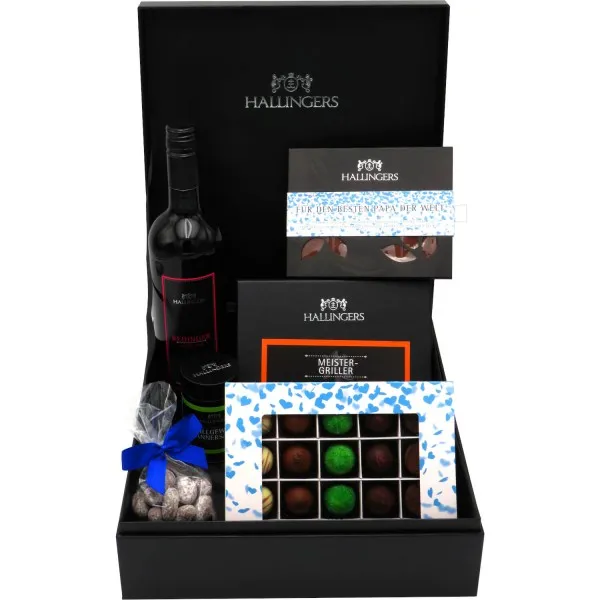 Vatertag Big Box Blue (Bundle) - Geschenk Set - Schokolade, Pralinen, Wein, Gewürze und Nougatmandeln in premium Box (1455g)