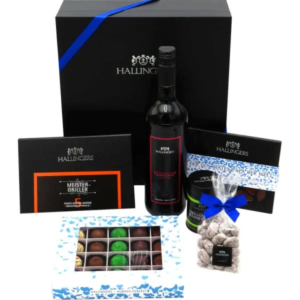 Geschenk Set - Schokolade, Pralinen, Wein, Gewürze und Nougatmandeln in premium Box (1455g) - Vatertag Big Box Blue (Bundle)