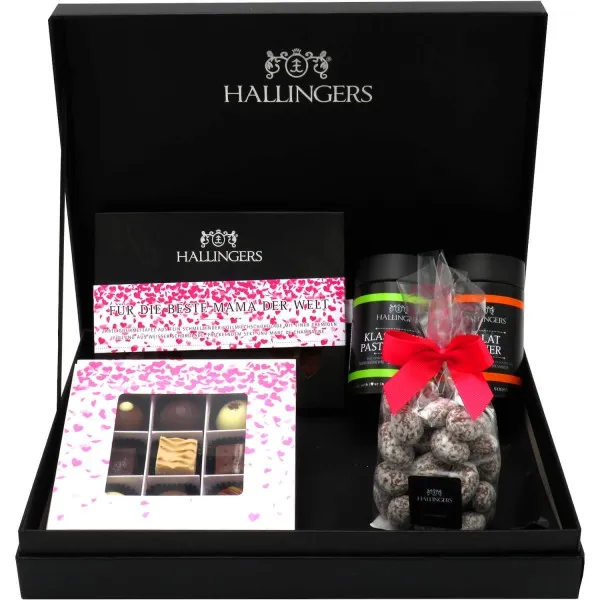 Muttertag Box Pink (Bundle) - Geschenk Set - Schokolade, Pralinen, Gewürze und Nougatmandeln in premium Box (483g)