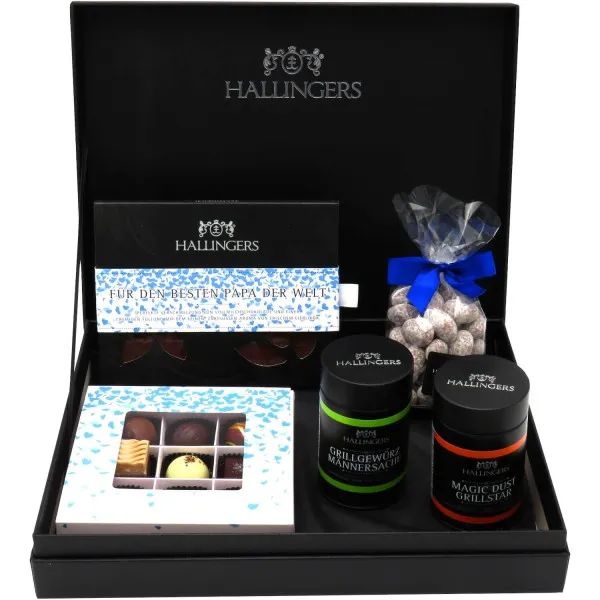 Vatertag Box Blue (Bundle) - Geschenk Set - Schokolade, Pralinen, Gewürze und Nougatmandeln in premium Box (598g)
