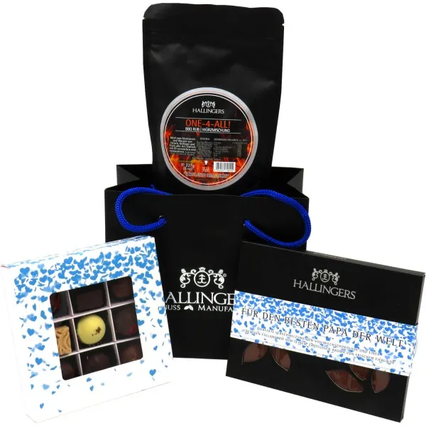 Vatertag Bag Blue (Bundle) - Geschenk Set - 1 Schokolade, 9er Pralinen und 1 Gewürze Rub (426g)
