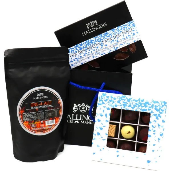 Vatertag Bag Blue (Bundle) - Vatertagsgeschenk Geschenk Set Schokolade Pralinen & Gewürze Rub zum Vatertag für Papa Opa (426g)