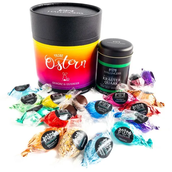 Frohe Ostern Colorful (Bundle) - Ostergeschenke als Osterkörbchen zu Ostern, 17 Pralinen Ostereier & Gewürz Kräuterquark (310g)