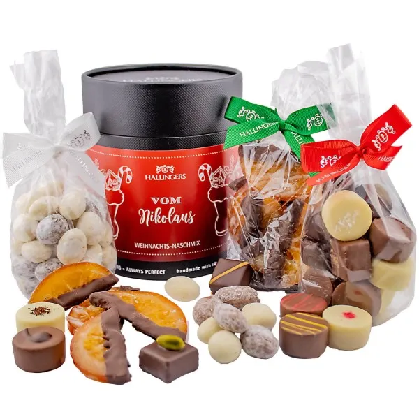 Vom Nikolaus (Bundle) - Weihnachtliches Geschenkset, Pralinen Mandeln Orangenscheiben als Geschenk zu Weihnachten (450g)